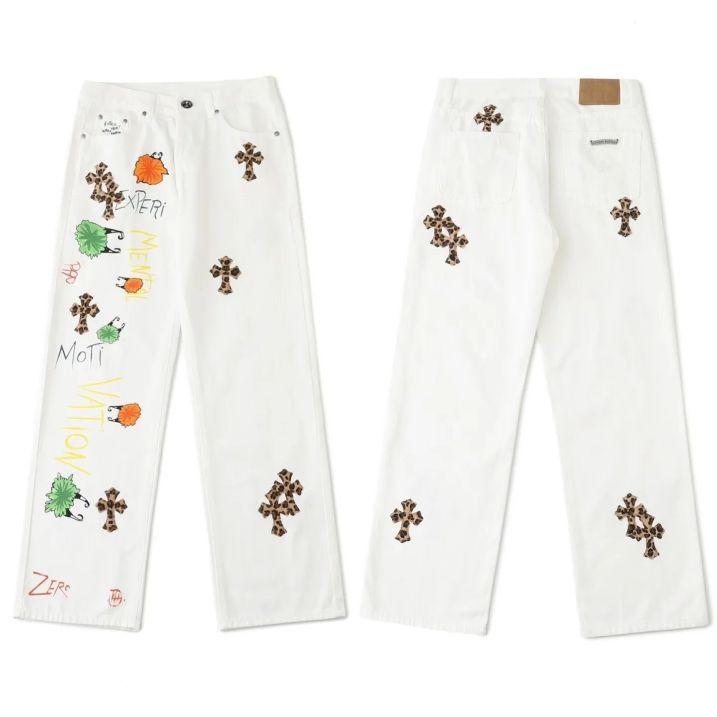 P240 💰 (Top version) Chrome Hearts/Chrome Hearts Classic white hand-painted monster cow series colorful leather cross washed color fabric unisex denim trousers Vibe style straight stacked god-level version Carbon fine bias denim color cloth Old vintage full set of hardware - Chrome Hearts white cow series The high version uses high-ounce custom fabrics, fermentation washing and soft color fixation, soft and thick to wear, the details are all made by hand-polished craftsmanship, all-over printed jacquard fabric Unique design style. Through multiple processes to create a full retro feel. Unique niche non-contrast shirt. Customized distressed spray-painted buttons. Craftsmanship in every detail. Color: white hand-painted monster. Size: 28-30-32-34 (corresponding to S-M-L-XL)